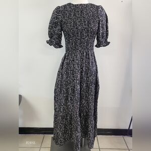 BTFBM Smocked Puff Sleeve Maxi Boho Dress Black W/white Print Womens S NWOT